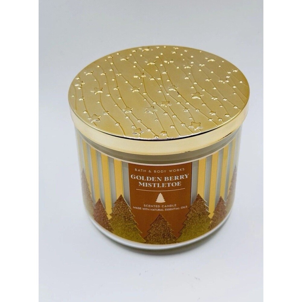 Bath Body Works Golden Berry Mistletoe Candle 3 Wick 14.5 oz Discontinued NEW - Picture 5 of 5